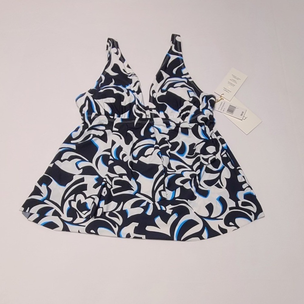 Beyond Control Black Multi Abstract Floral Tummy Control Tankini Top Size 10 NEW